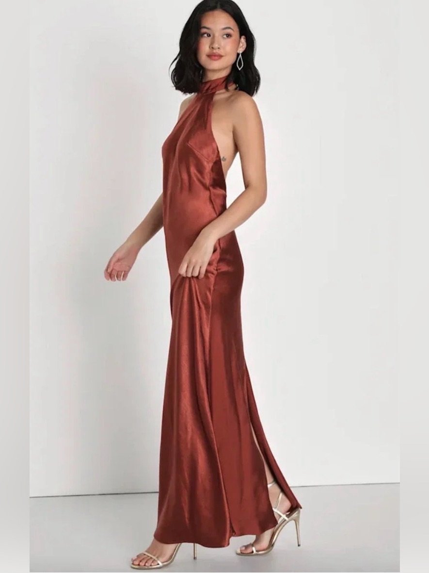 Lulus Nwt Women Large Rusty Brown Halter Satin Maxi Dress
